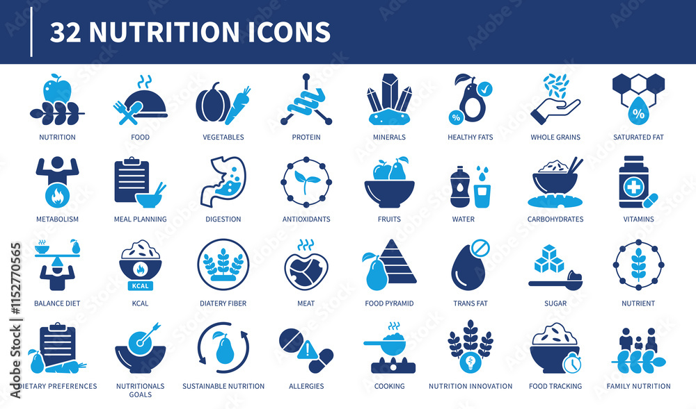 Icon collection of nutrition designs including food health vitamins and dietary elements in a clean and modern style

