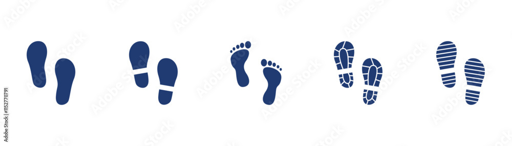 Icon collection of human foot and shoe print designs including various patterns in a clean and minimal style

