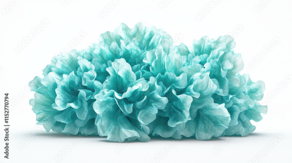 Obraz premium A vibrant, fluffy coral-like subject in shades of soft teal and light aquamarine, crisp and perfectly detailed, isolated on a clear white background, meticulously textured edges, airy and delicate app