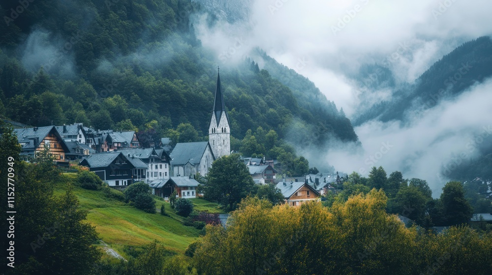 Fototapeta premium Misty Mountain Village: A Serene Alpine Escape