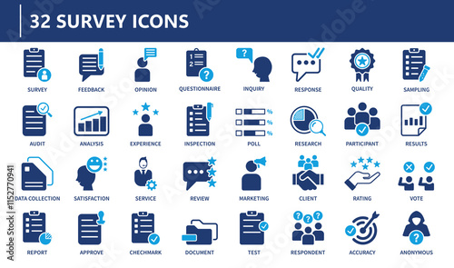Icon collection of survey designs including feedback questionnaires and analysis elements in a clean and modern style

