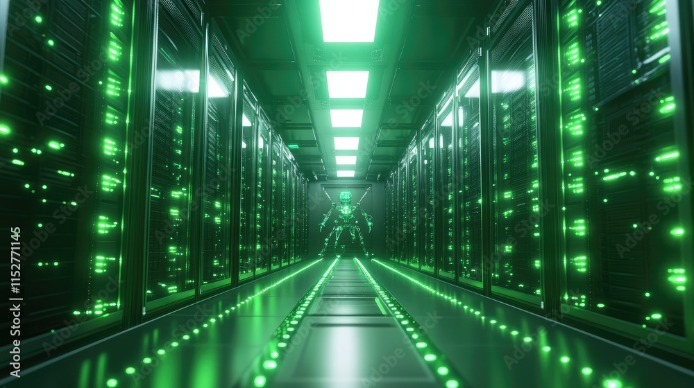 A dimly lit data center corridor lined with tall server racks, A dimly lit data center corridor lined with tall server racks,