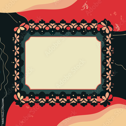 Stylish decorative frame with floral patterns on an abstract red and green background
