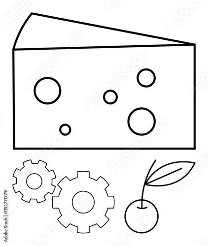 A minimalist illustration of a cheese slice with holes, two gears, and a cherry with leaves. Ideal for food industry, technology, agriculture, engineering, simplicity, minimalism monochrome themes