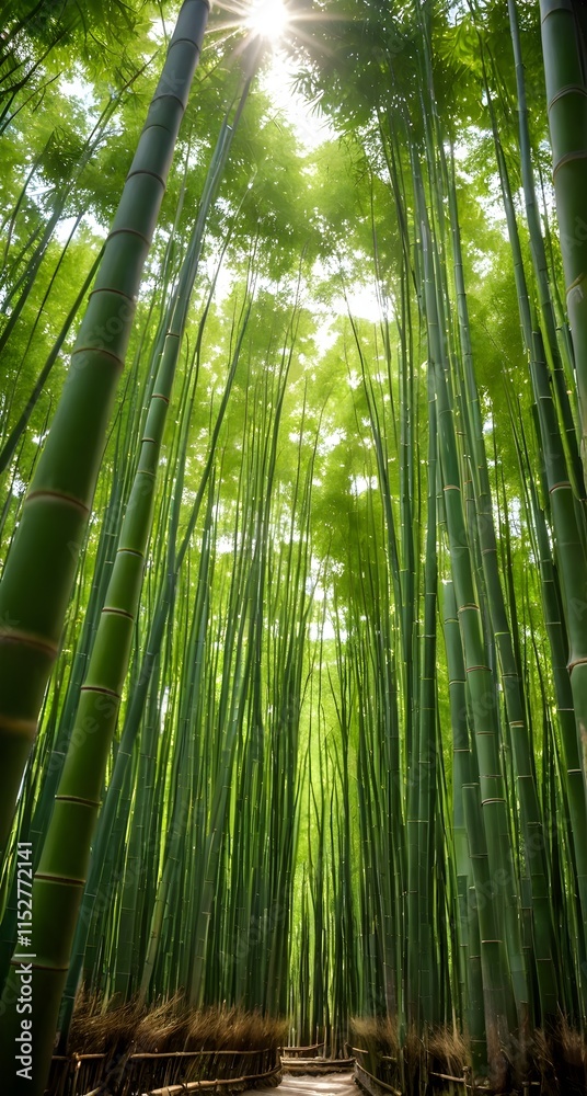 Obraz premium A path through a bamboo forest with the sun shining through the trees.