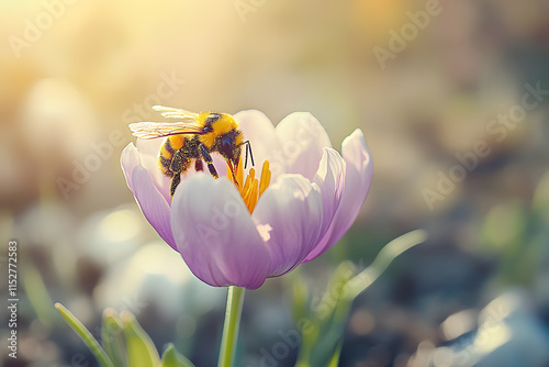 Bumblebee pollinating a vibrant spring flower, its fuzzy body dusted with golden pollen photo