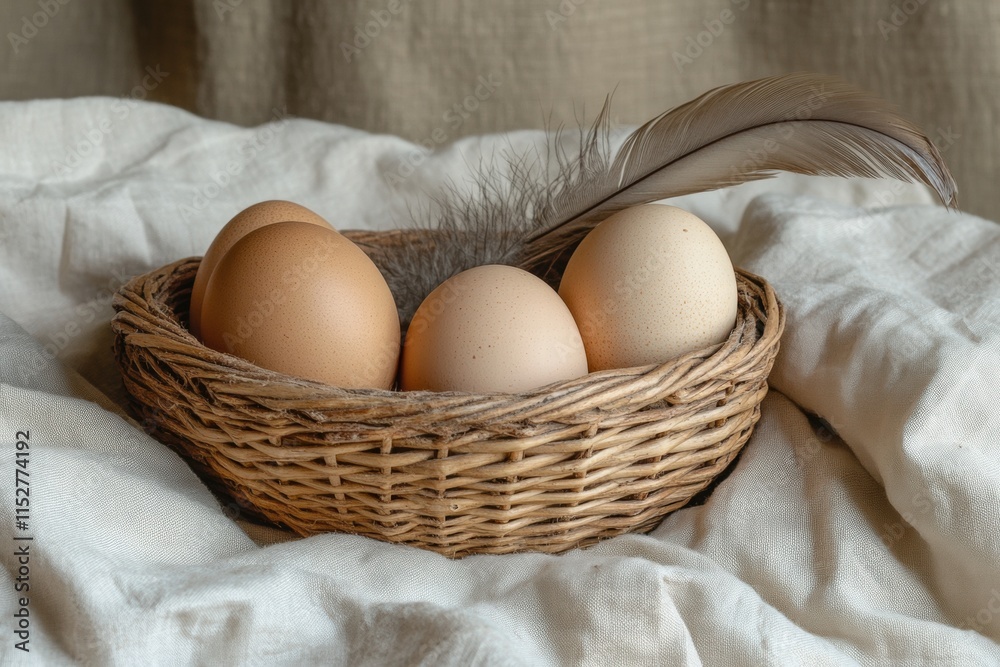 Rustic Brown Eggs in a Wicker Basket with Feather Rustic Brown Eggs in a Wicker Basket with Feather