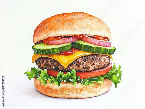 Watercolor veggie burger with colorful toppings and layers isolated design on white background