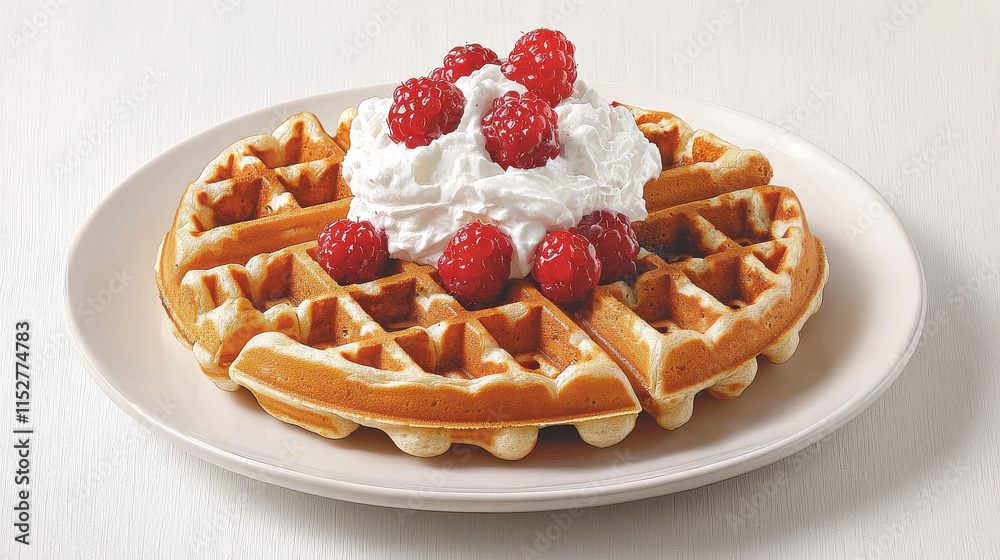 Golden waffle topped with whipped cream and raspberries isolated design on white background Golden waffle topped with whipped cream and raspberries isolated design on white background