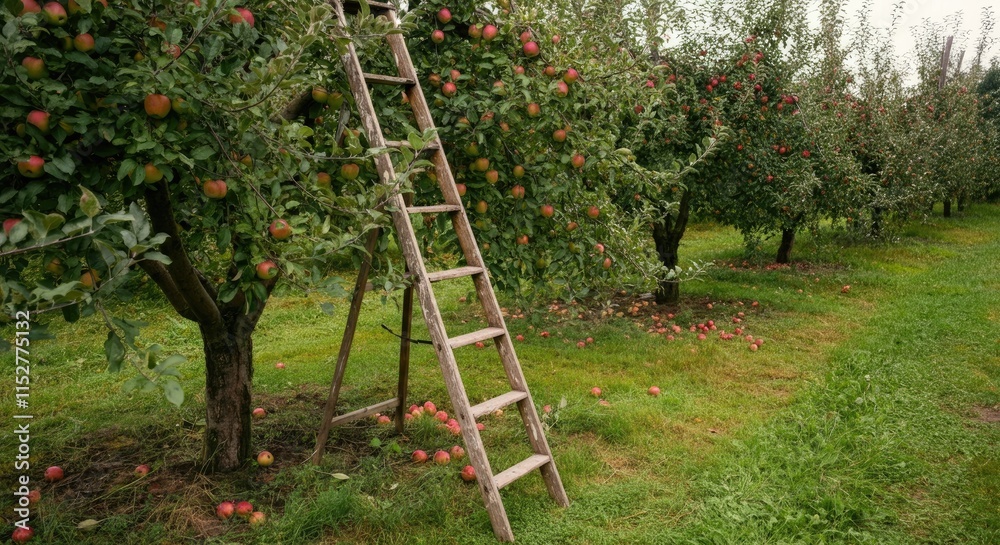 Orchard with ladder leaning on apple tree, apples ground and in tree Orchard with ladder leaning on apple tree, apples ground and in tree
