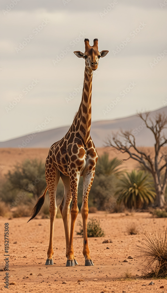 Obraz premium Giraffe Standing in Middle of Dry Desert -, cinematic, with white tones