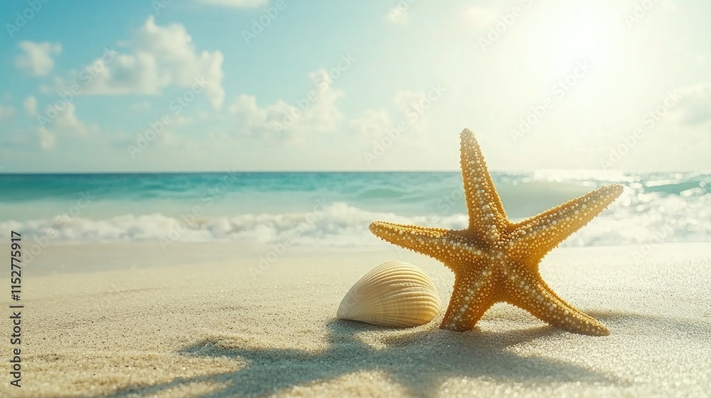 Starfish and seashell on sunny beach. Starfish and seashell on sunny beach.