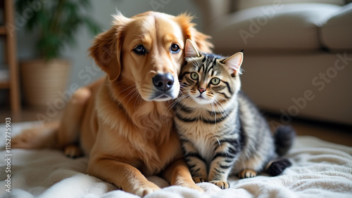 Wallpaper Mural Cat and Dog Friendship: Heartwarming Bond of a Golden Retriever and Tabby Cat, Generative AI. Torontodigital.ca