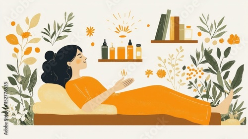 Serene Reiki Session - 2D Flat Illustration of Practitioner Channeling Healing Energy to Relaxed Client on Massage Table with Soothing Music