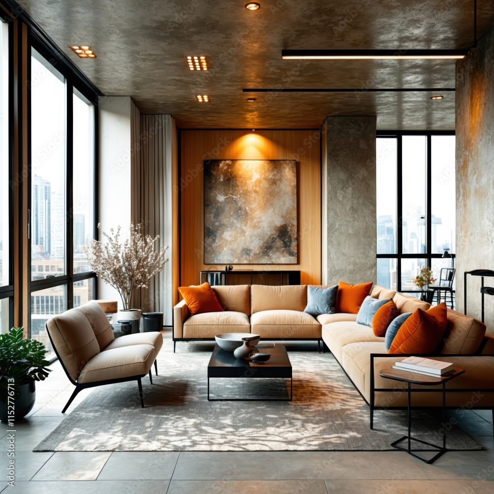Fototapeta premium Modern industrial loft interior, luxurious living room, floor-to-ceiling windows, exposed concrete walls, warm amber lighting, leather sectional sofa, abstract art, potted plants, minimalist decor, mo