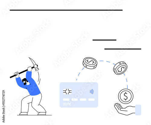 Person smashing a credit card with a pickaxe while coins are transferred into an open hand. Ideal for finance, debt relief, spending habits, savings, financial distress, budget management, economic