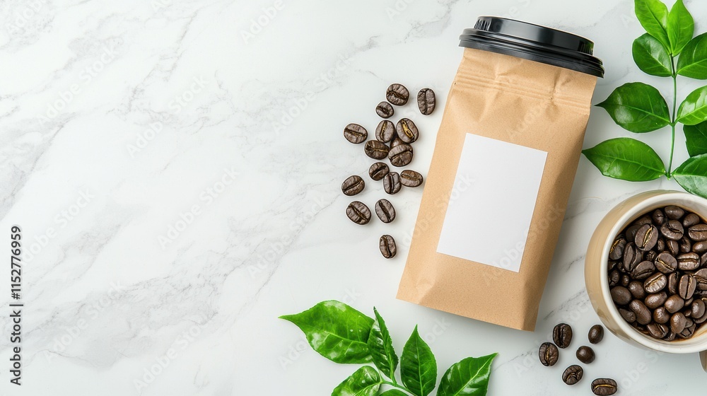 Blank Coffee Pouch on Marble Surface with Coffee Beans Blank Coffee Pouch on Marble Surface with Coffee Beans