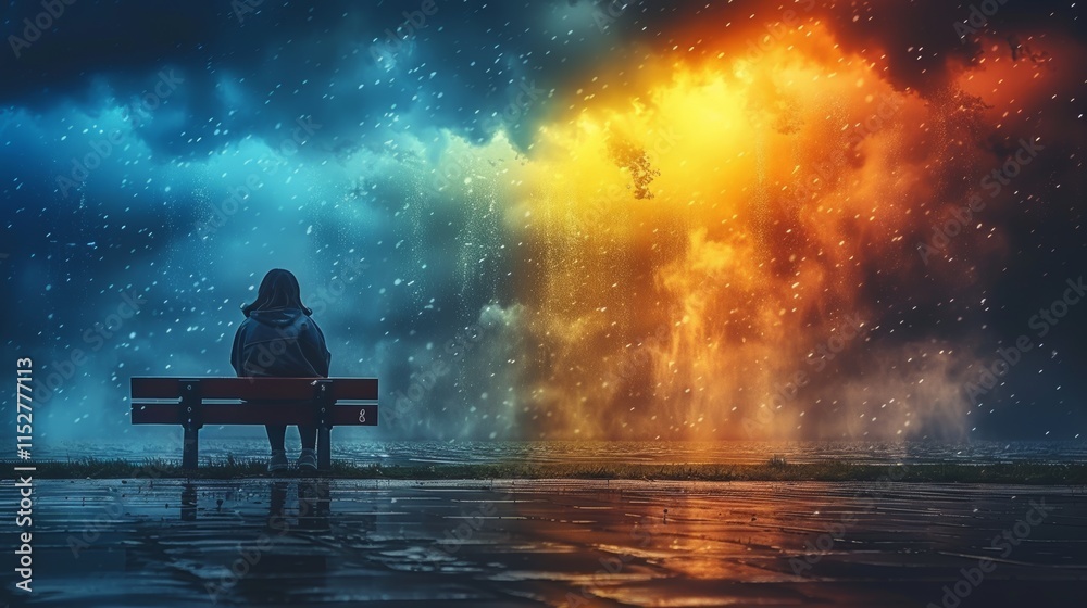 Solitary figure on bench, facing dramatic, contrasting stormy sky. Solitary figure on bench, facing dramatic, contrasting stormy sky.