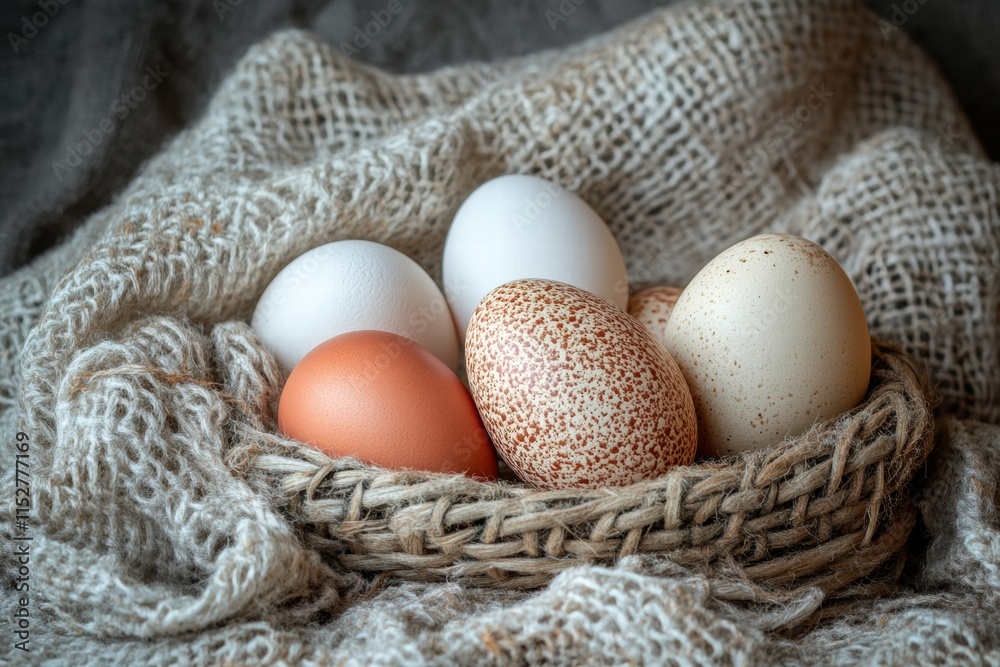 Rustic Farmhouse Eggs in Woven Basket Rustic Farmhouse Eggs in Woven Basket