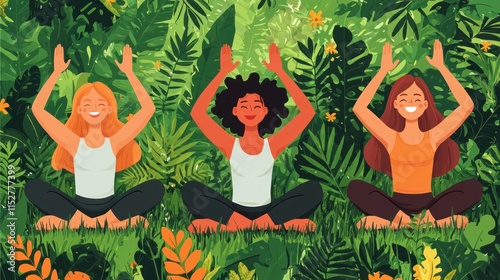 Joyful Laughter Yoga: Friends Embracing Happiness Outdoors in Colorful 2D Illustration