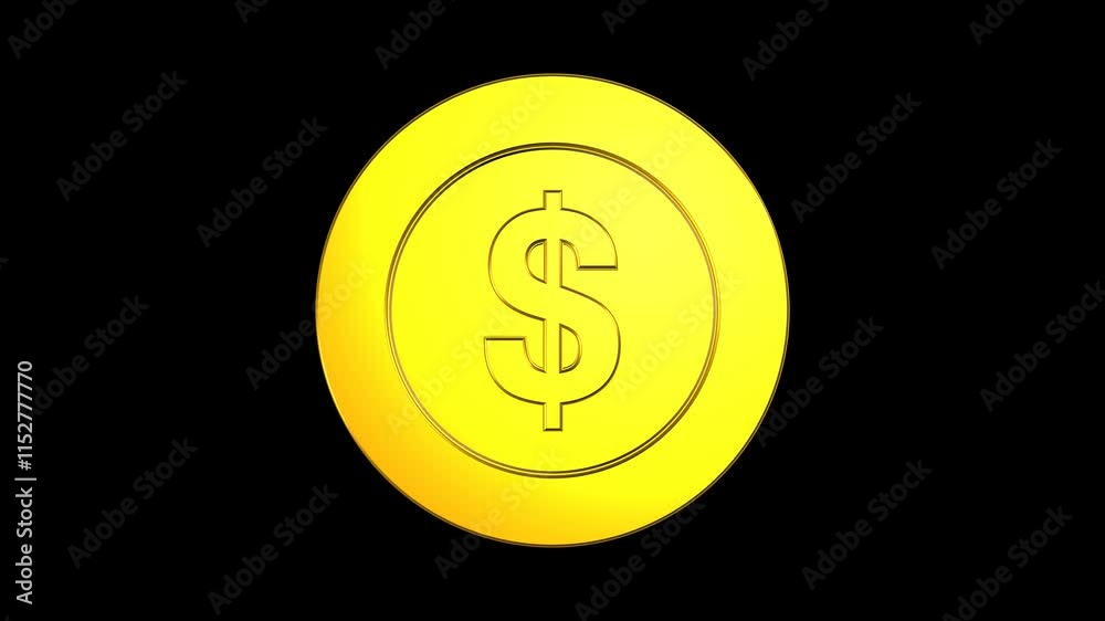 Animated abstract shiny golden 3D coin with dollar sign rotating 360 horizontal, Loop animation, Alpha transparent background. Animated abstract shiny golden 3D coin with dollar sign rotating 360 horizontal, Loop animation, Alpha transparent background.
