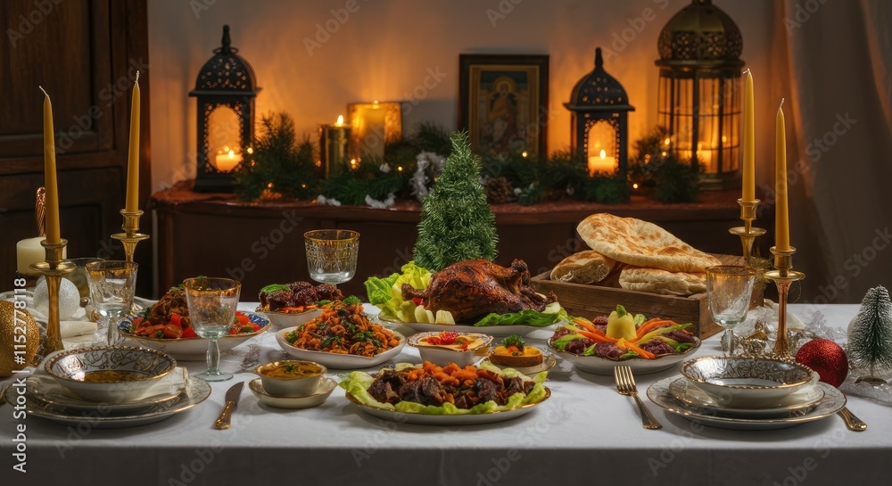 Diverse holiday feast on table with candles and festive decor Diverse holiday feast on table with candles and festive decor