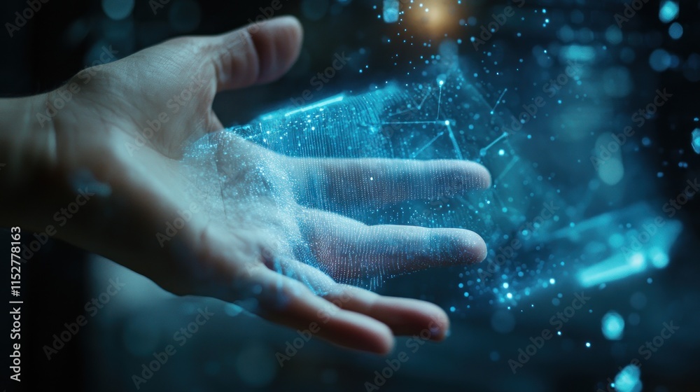 Fototapeta premium A hand projecting digital particles, symbolizing technology and innovation.