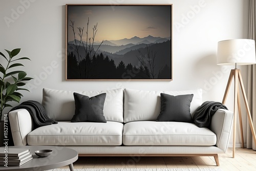 Elegant Living Room Decor: Modern White Sofa with Black and White Landscape Art, Perfect for Cozy and Stylish Home Decor photo