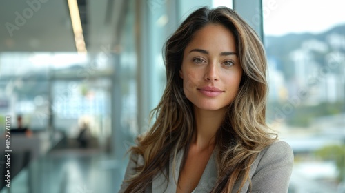A Pacific Islander businesswoman with long, flowing hair, dressed in a stylish taupe blazer and tailored pants, standing by a glass wall in a contemporary office lounge area with a panoramic Free Download A Pacific Islander businesswoman with long, flowing hair, dressed in a stylish taupe blazer and tailored pants, standing by a glass wall in a contemporary office lounge area with a panoramic - GFXLoad