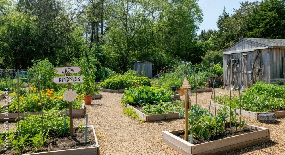 Lush garden with raised beds, green shrubs, and signs promoting kindness Lush garden with raised beds, green shrubs, and signs promoting kindness