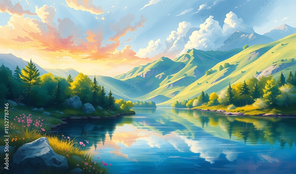 Obraz premium Serene Sunset Mountain Lake Digital Painting. AI Generated
