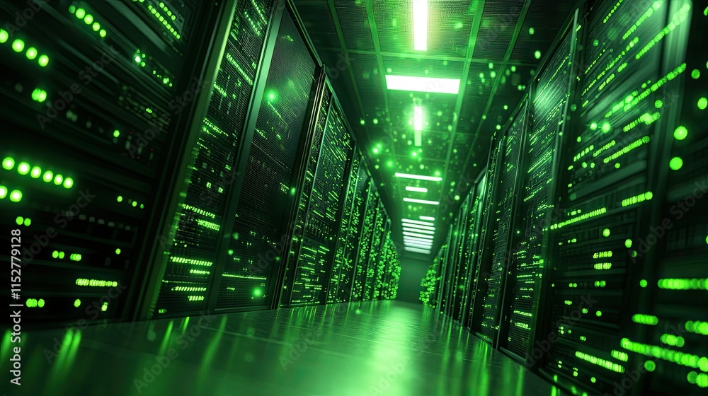 A dimly lit data center corridor lined with tall server racks, A dimly lit data center corridor lined with tall server racks,