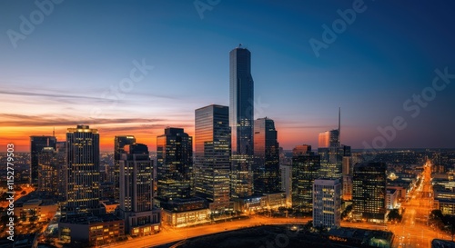 Vibrant cityscape at sunset featuring tall illuminated buildings