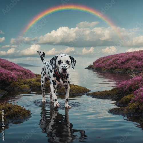A Dalmatian with rainbow spots walking through a surreal landscape of floating islands.