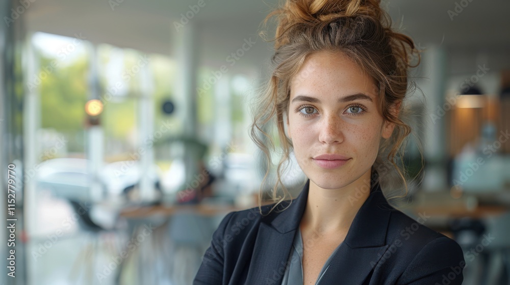 Fototapeta premium Portrait of a professional woman in a suit, confidently standing in a modern office, bright natural lighting, sleek interior design, copy space