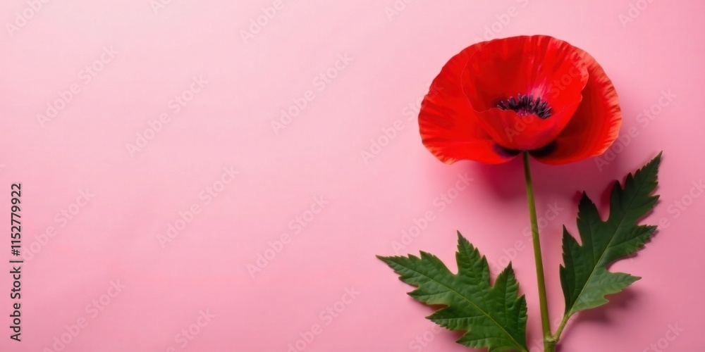 Obraz premium A vibrant red poppy blossom with lush green foliage elegantly arranged against a soft pink backdrop.