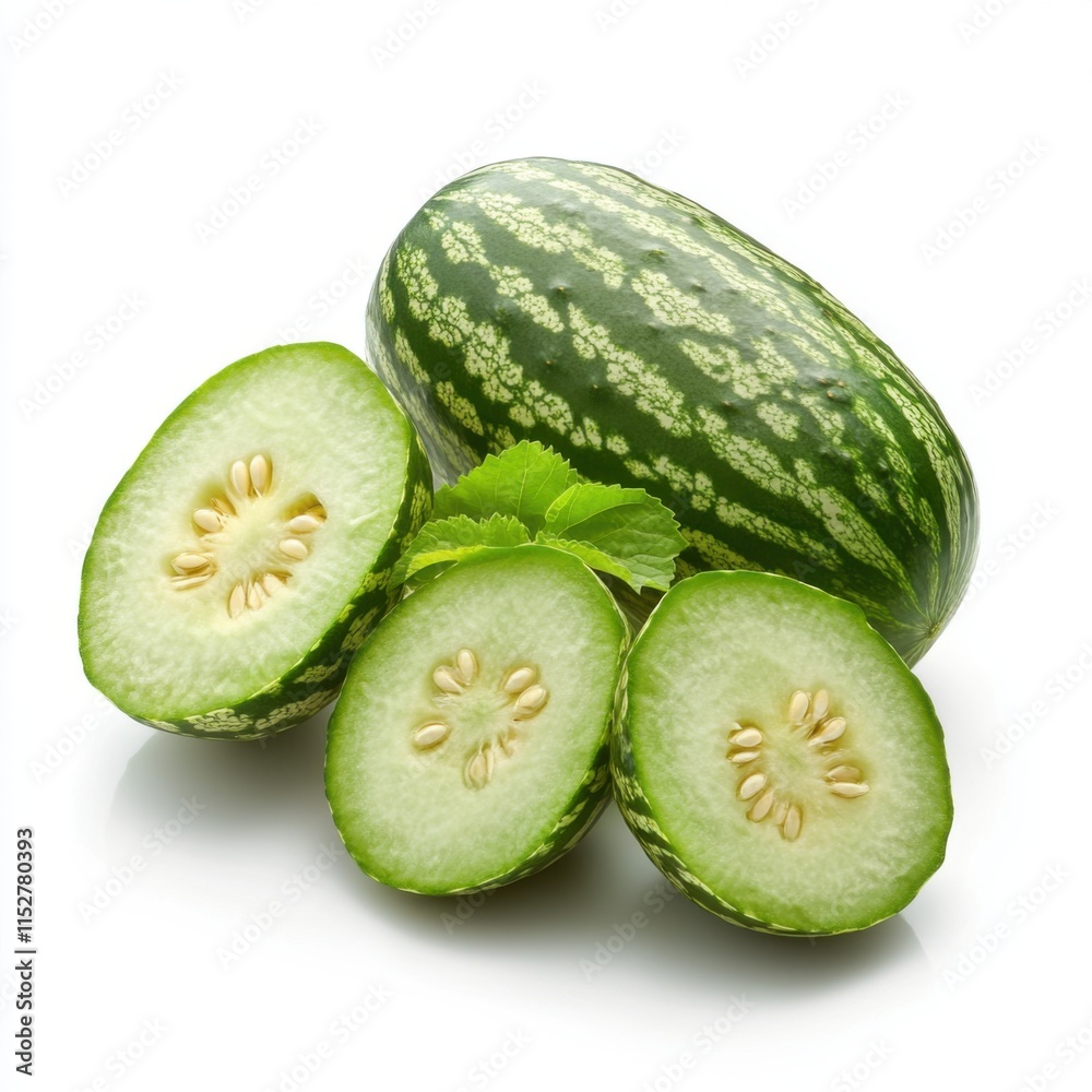 Fresh Green Cucumber Cut in Half with Slices and Mint Leaves on White Background Fresh Green Cucumber Cut in Half with Slices and Mint Leaves on White Background