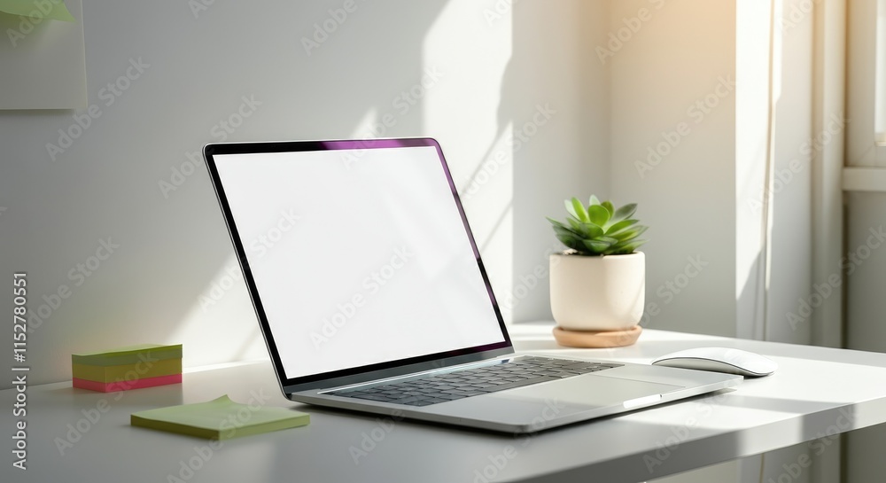 Minimalist workspace with laptop, plant, mouse, and sticky notes