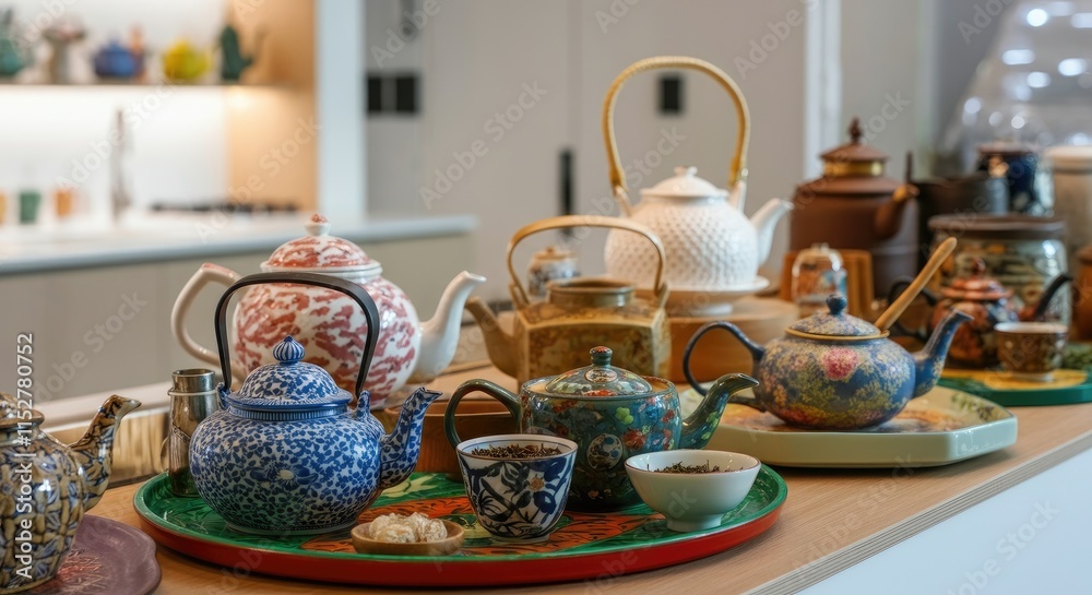 Fototapeta premium Assorted teapots and teacups on tray in modern kitchen setting
