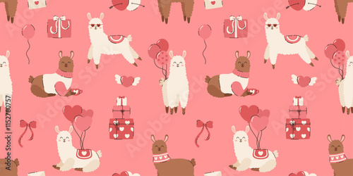 Seamless pattern with elements for Valentine's Day. Cartoon alpaca with balls, gifts, hearts, love letter, bow. Flat vector illustration.