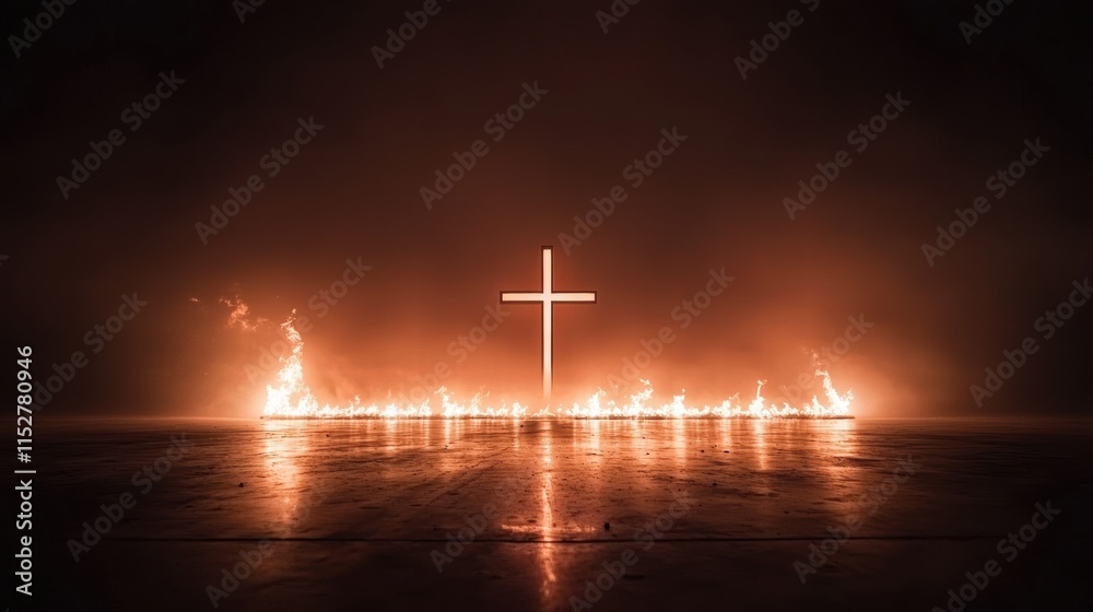 Obraz premium Fiery Cross Illuminated in Dark Surrounding with Glowing Flames on the Ground