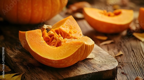 Close up sliced Pumpkin on wooden board
