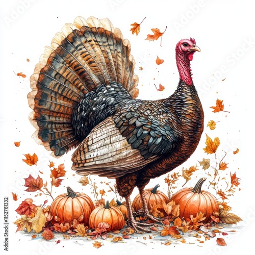 Thanksgiving turkey with pumpkins and autumn leaves. (3) photo