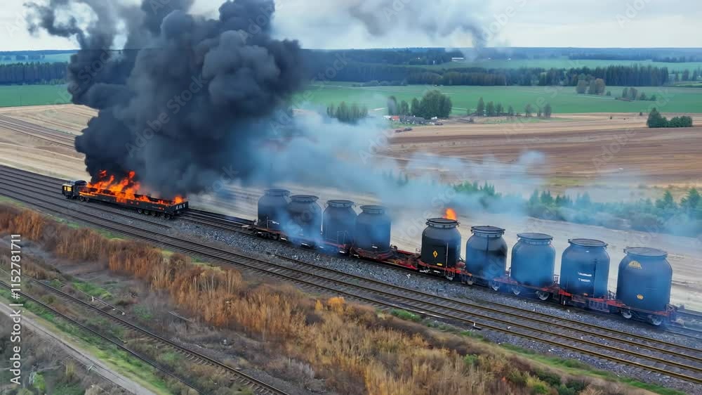 A burning train. Oil or toxic chemicals leak and ignite. Acrid smoke is released into the atmosphere. A burning train releases acrid smoke, painting the sky with danger.