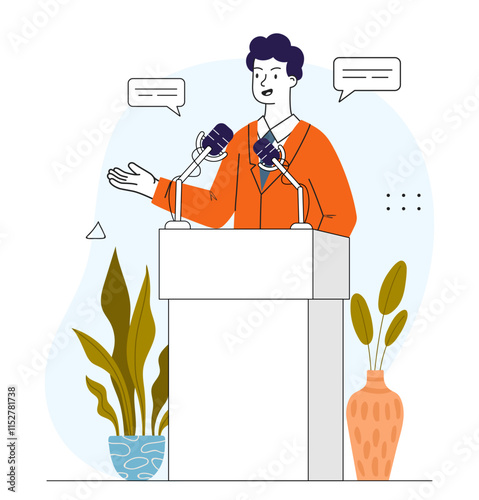 Public speaker man. Young guy on podium with microphone speaks to audience. Public speaking and presentation, press conference and political debate. Linear vector illustration