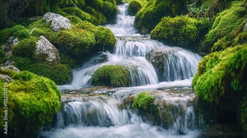 Serene Cascading Creek in Lush Green Mossy Forest