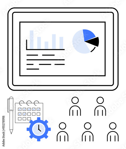 Tablet displaying bar and pie charts, calendar with pen and clock, six human icons. Ideal for business analytics, project management, team collaboration, scheduling, planning, organizational tools