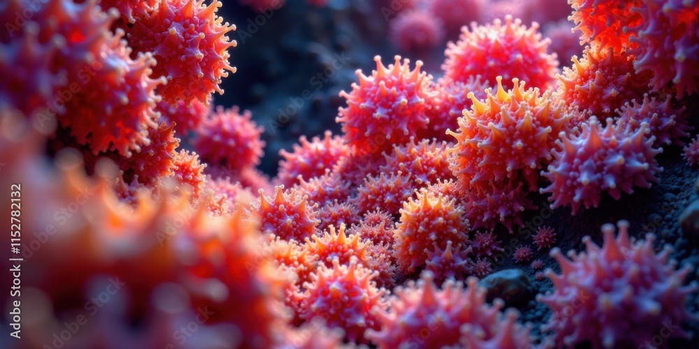 Close-up view of a dense cluster of microscopic entities, exhibiting intricate, spiky structures and a vibrant reddish-pink hue, suggestive of a complex biological system. Close-up view of a dense cluster of microscopic entities, exhibiting intricate, spiky structures and a vibrant reddish-pink hue, suggestive of a complex biological system.