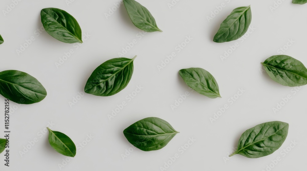 A pattern of fresh green basil leaves scattered on a light background, highlighting their vibrant color and texture. A pattern of fresh green basil leaves scattered on a light background, highlighting their vibrant color and texture.