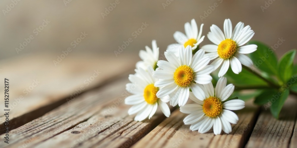 Obraz premium A delicate bouquet of white daisies rests on weathered wood planks, exhibiting the beauty of nature's simple elegance.